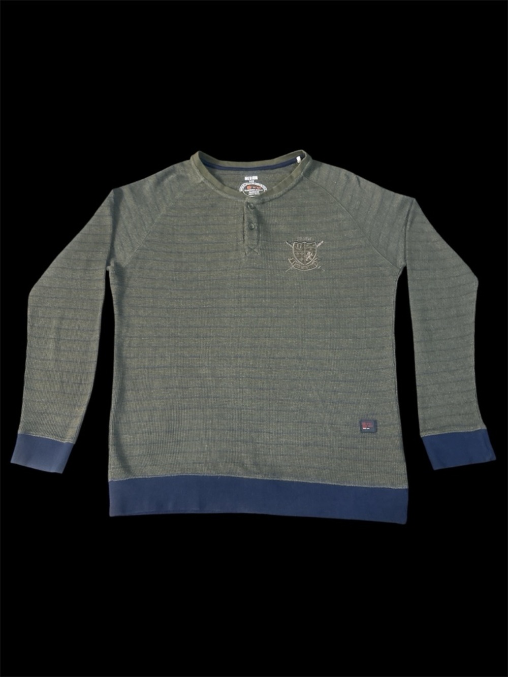 Prana Olive Green Crew Henley Sweater with Navy Trim - Picture 2 of 8
